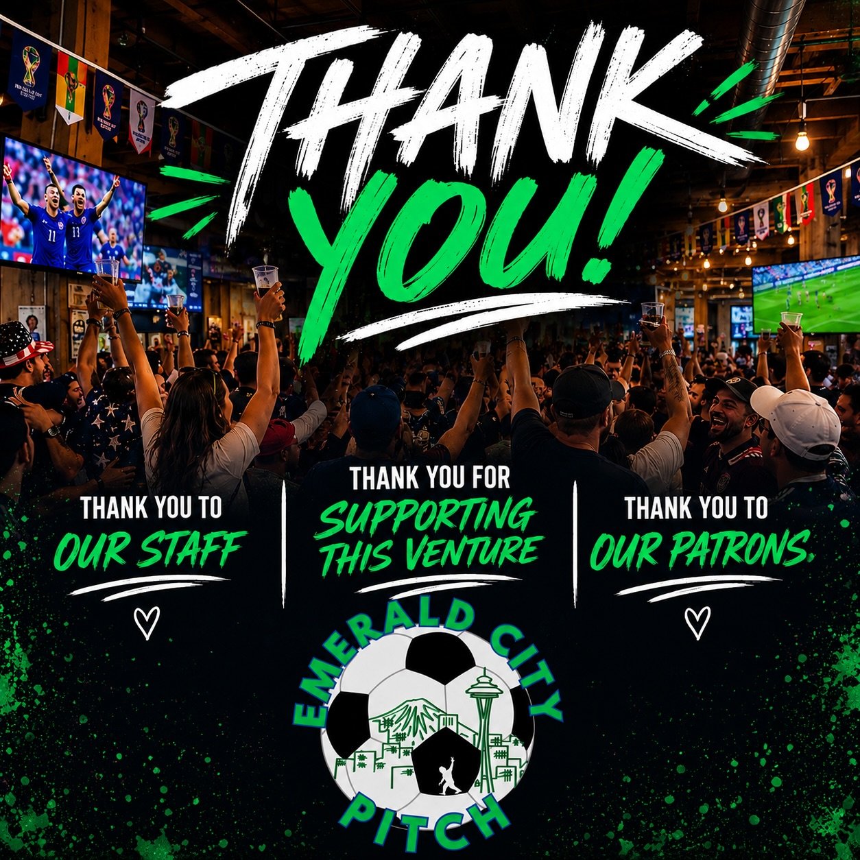 THANK YOU, SEATTLE! 💙💚

Thank you to every person who walked through our doors, grabbed a drink, watched a match, brought friends, shared a post, or simply gave Emerald City Pitch a chance.

Thank you to our incredible staff who worked long days, a