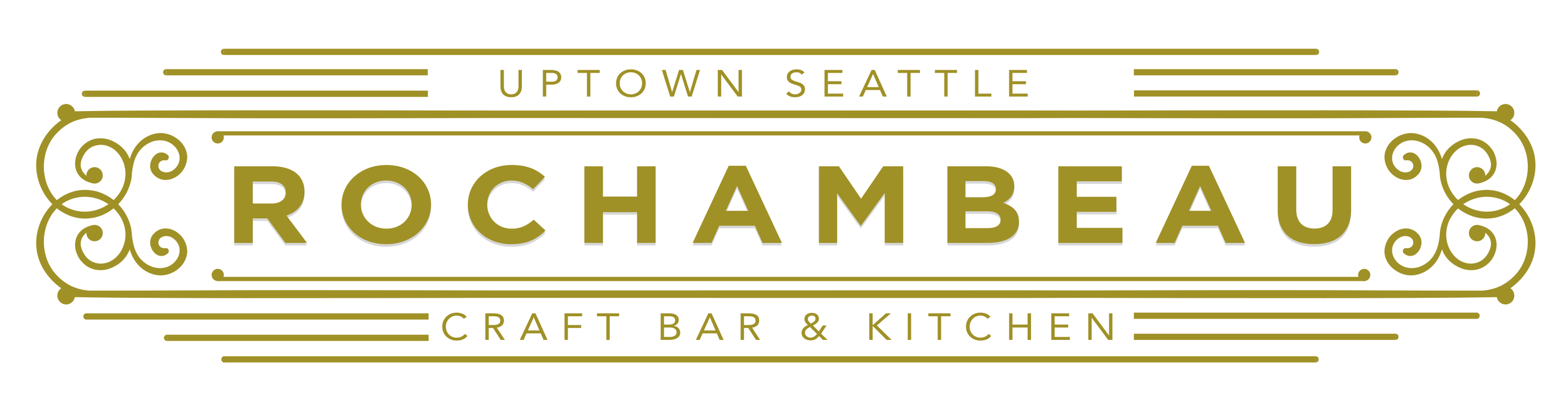 Logo for Rochambeau Craft Bar & Kitchen in Uptown Seattle, with decorative gold lines and text.