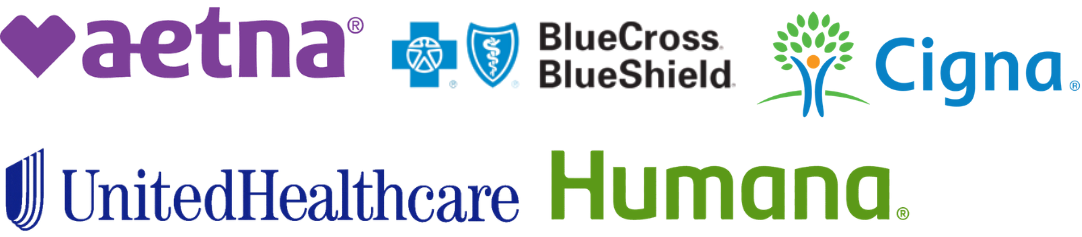 Logos of healthcare companies including Aetna, BlueCross BlueShield, Cigna, UnitedHealthcare, and Humana.