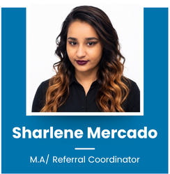 Portrait of a woman with dark hair and brown hair ends, wearing a black top, against a blue background with white text that says 'Sharlene Mercado, Office Coordinator.