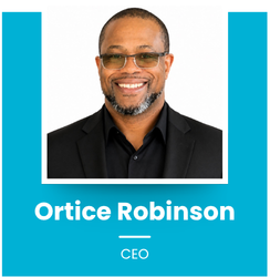 Portrait of a smiling man in a black suit and glasses, with a blue background and white text that says 'Ortice Robinson' and 'CEO'.