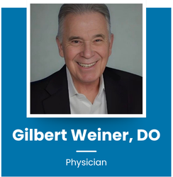 Photo of Gilbert Weiner, DO, a smiling male physician wearing a black blazer and white shirt, with a blue background and his name and profession displayed.