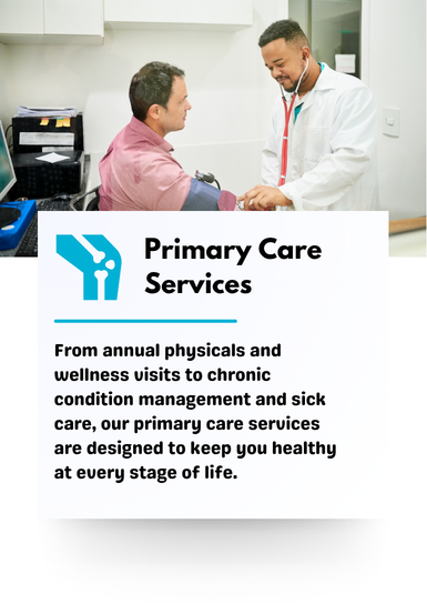 A doctor taking a patient's blood pressure in a medical office, with a sign that reads 'Primary Care Services' in the foreground.