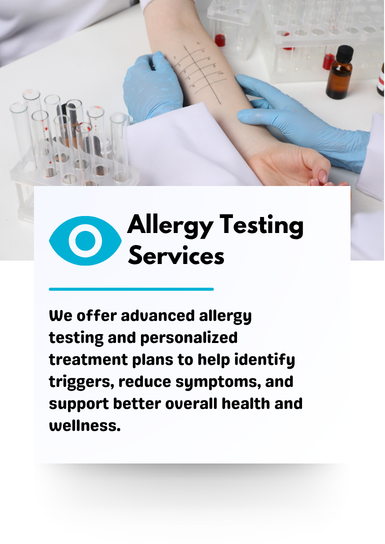 A person receiving allergy testing with skin pricks on their forearm, healthcare professional wearing blue gloves, test tubes nearby, and a sign for allergy testing services.