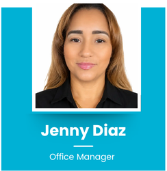 Professional headshot of Jenny Diaz, an office manager, with a teal background and her name and title displayed.