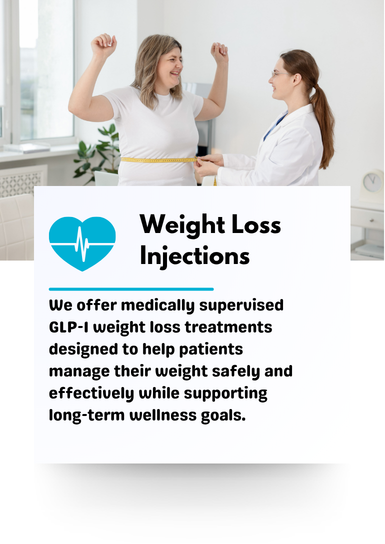 A woman in a white shirt flexes her arms happily during a medical consultation with a healthcare professional, with a sign advertising weight loss injections visible in the background.