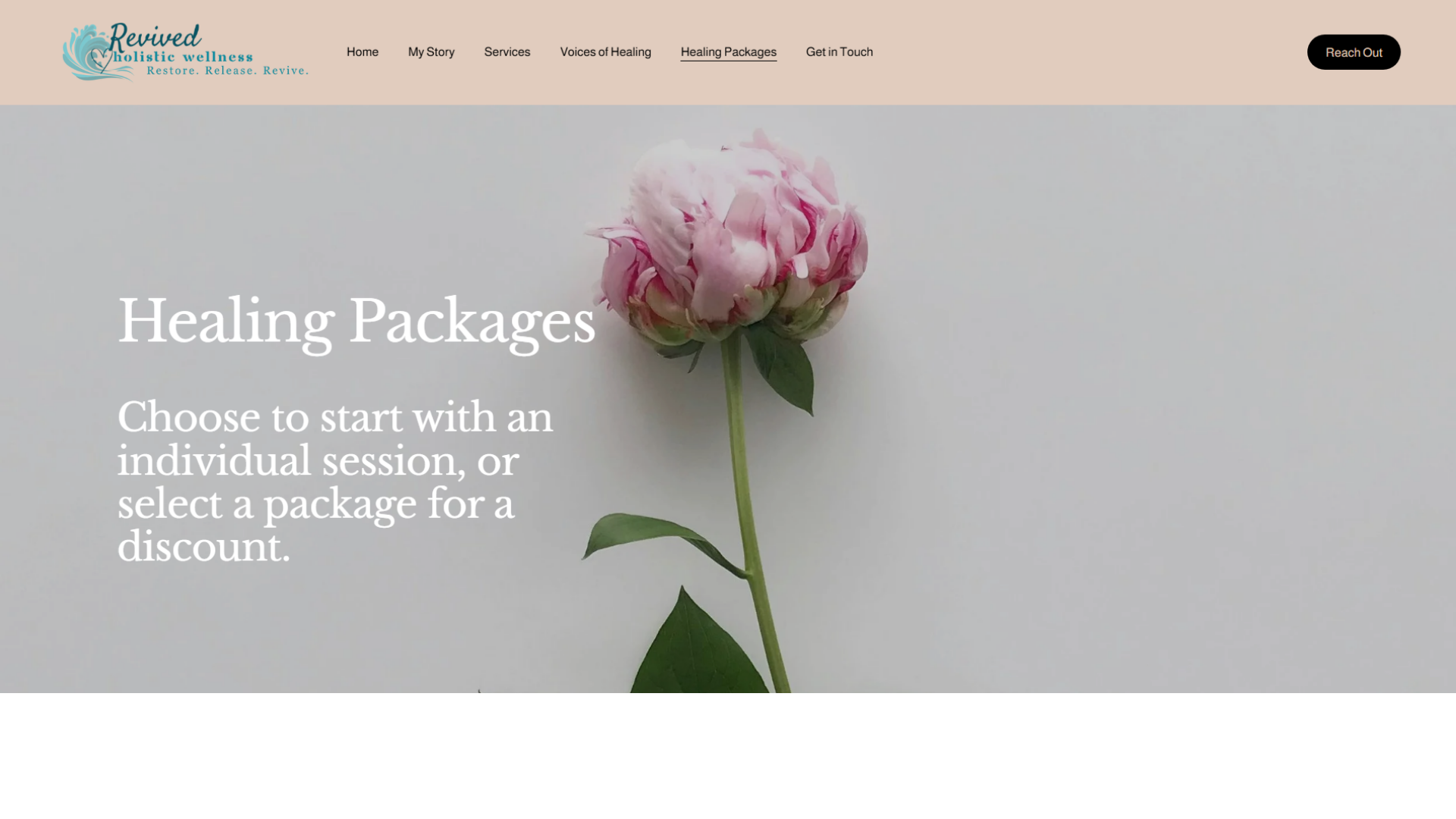 A Squarespace website homepage for Revived Holistic Wellness, a holistic health business, featuring a pink peony flower with green stem and leaves on a light background.