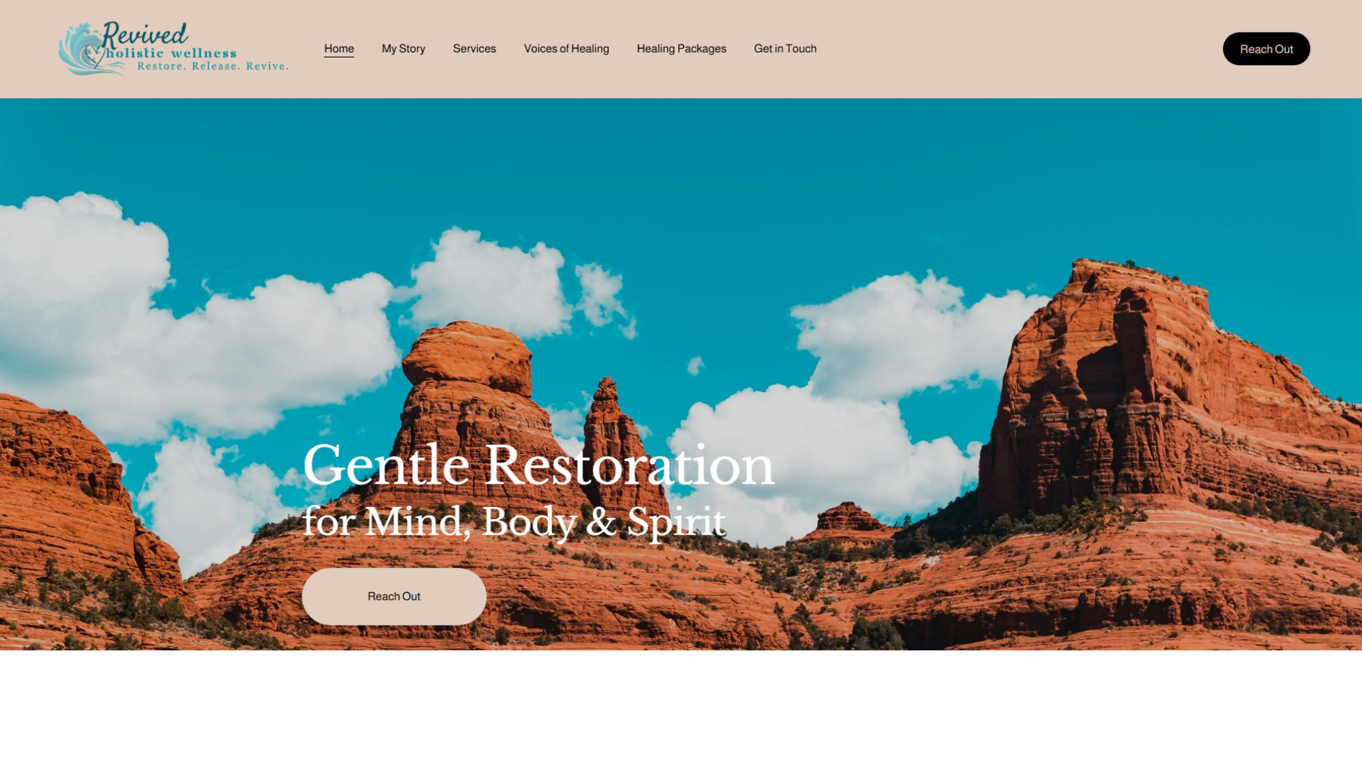 A website homepage designed by Serenity Place Designs for Revived Holistic Wellness with a scenic photograph of red rock formations under a bright blue sky with white clouds.