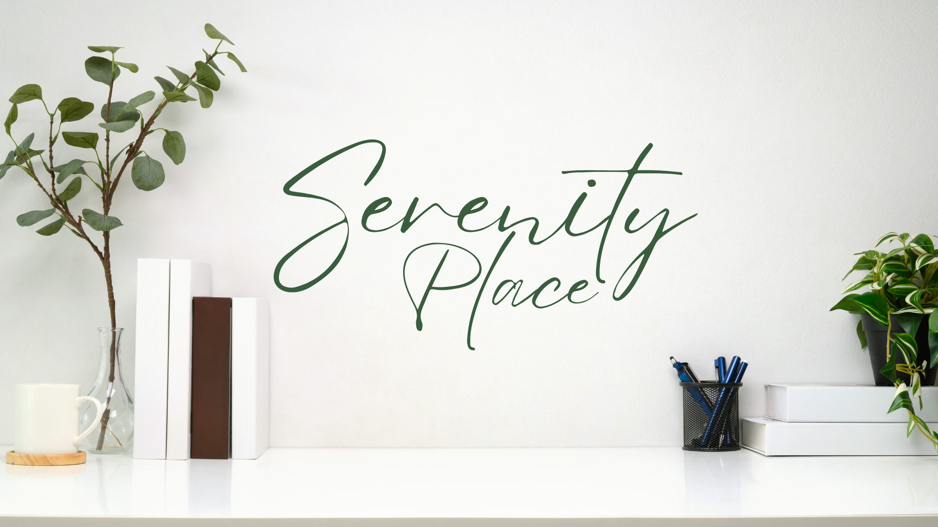 Decorative office wall with the words 'Serenity Place' in cursive, surrounded by potted plants, books, and office supplies.