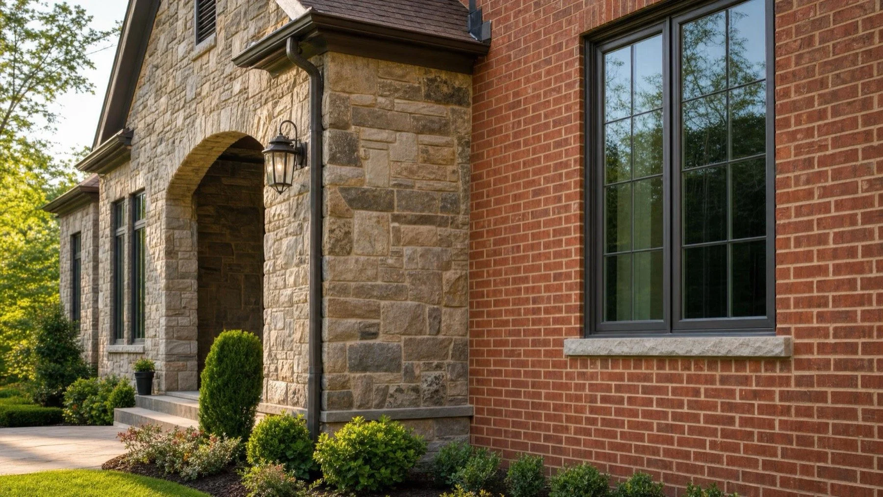 Natural stone and red brick meeting on a Toronto home exterior