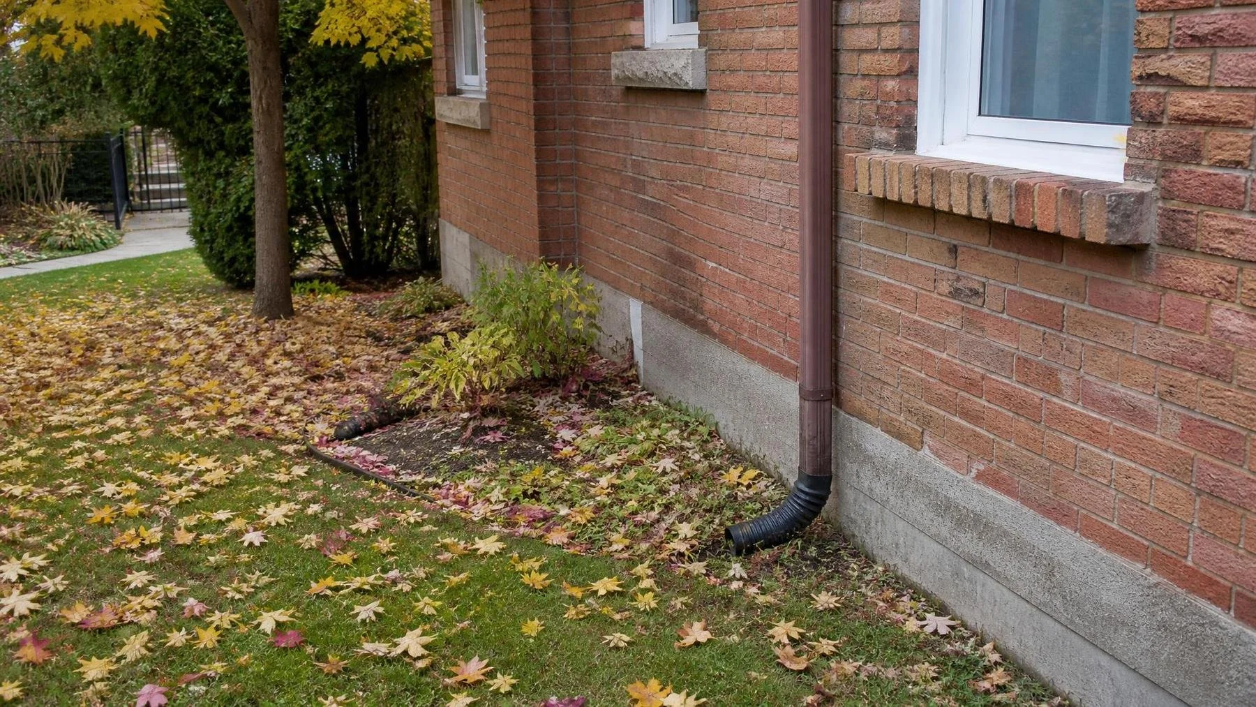 Toronto brick home in autumn with a downspout directing water away from the wall