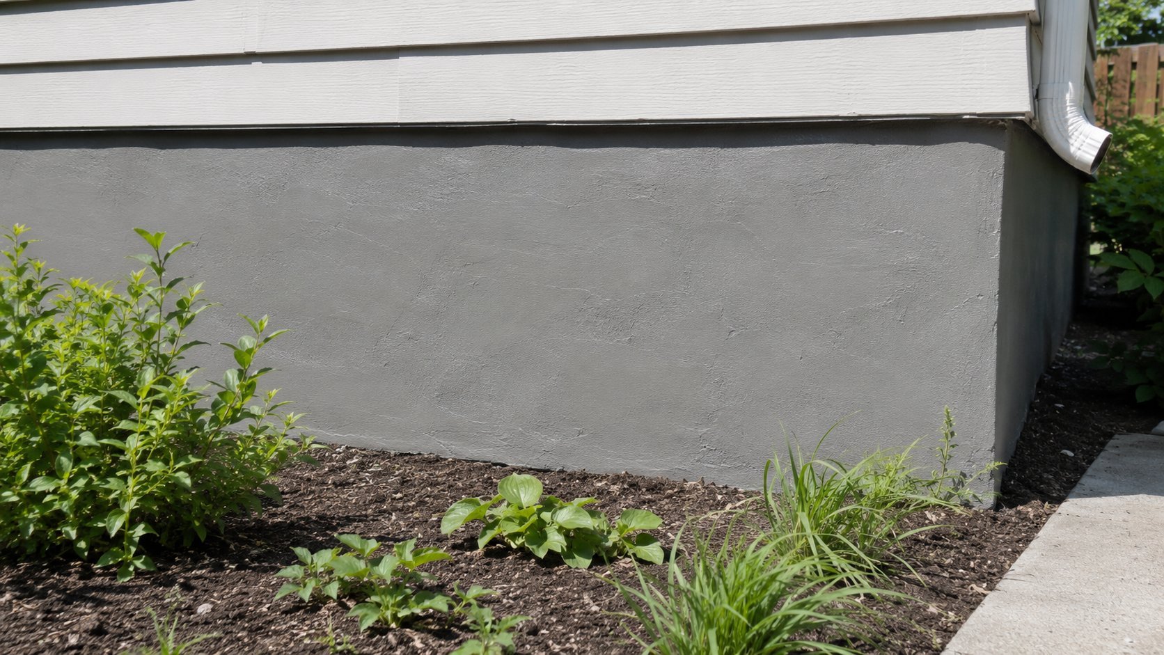 Fresh grey parging coat on a residential foundation wall in Toronto