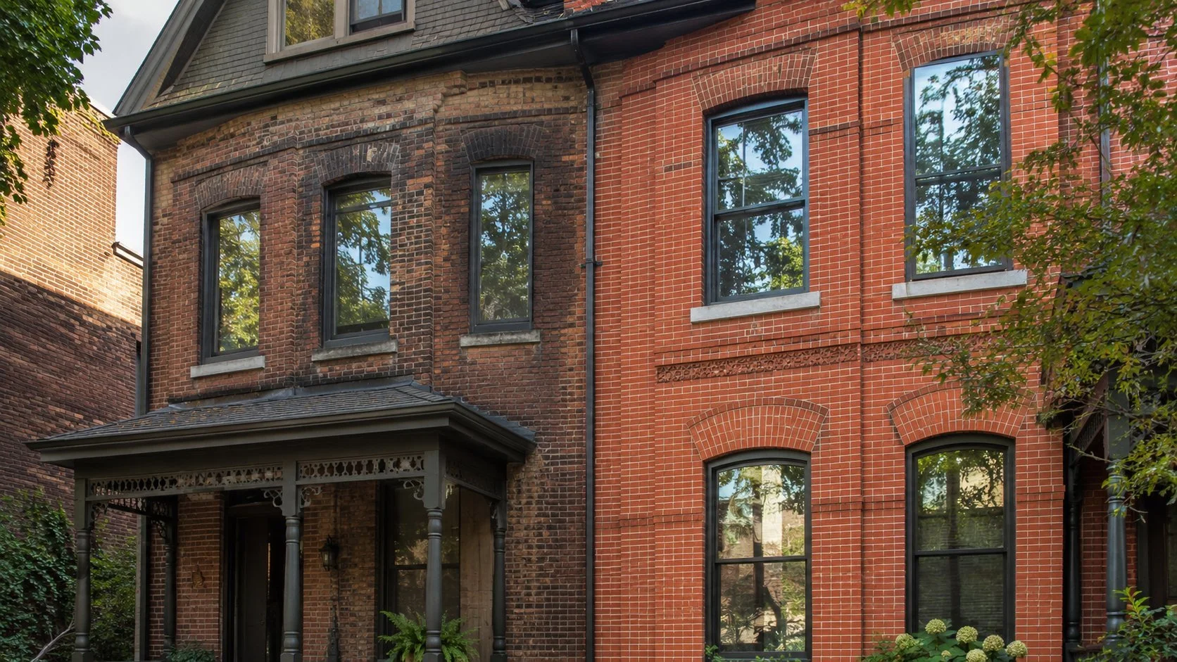 Century old Toronto brick home facade with heritage brickwork and arched window headers