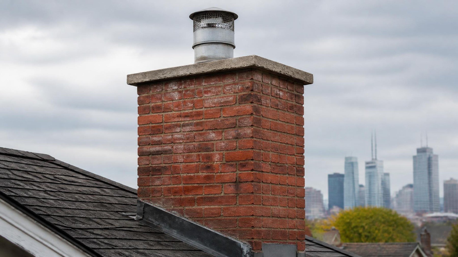 Red brick chimney with weathered, recessed mortar joints in the upper courses