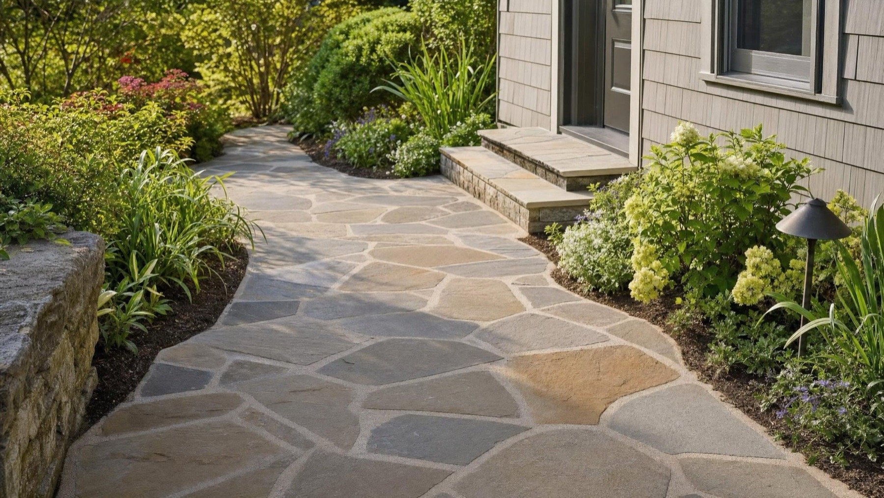 Natural flagstone walkway beside a landscaped Toronto home entrance