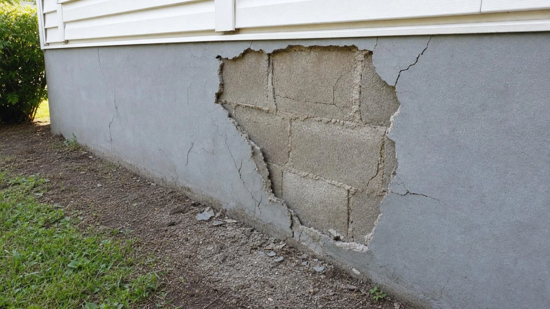 Cracked parging falling away from a Toronto house foundation wall