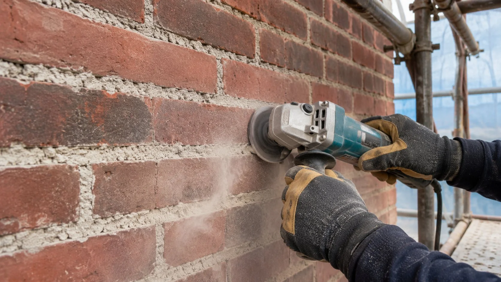 Mason grinding out old mortar joints on a brick wall before tuckpointing