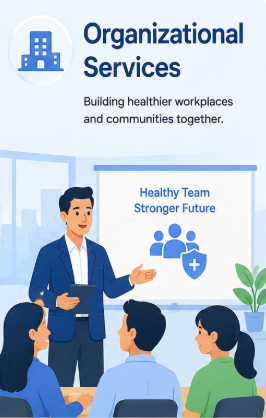 A presentation or meeting about organizational services, focusing on building healthier workplaces and communities. The slide includes phrases like 'Healthy Team, Stronger Future' and shows a man in a suit speaking to a seated group with three people, two men and one woman, with a plant in the background.