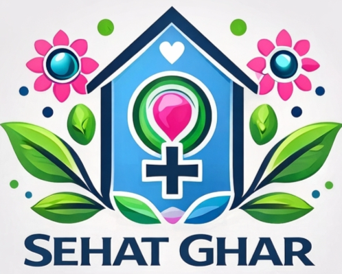 A colorful logo of a house with a medical cross and heart, surrounded by pink flowers and green leaves, with the text 'Sehat Ghar' underneath.