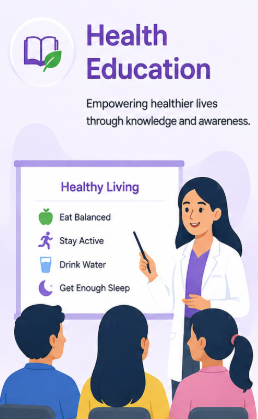 Illustration of health education with a female instructor teaching children about healthy living, including eating balanced, staying active, drinking water, and getting enough sleep.