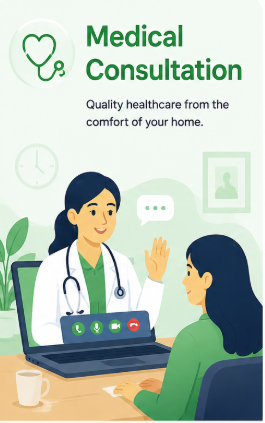 Illustration of a woman doctor conducting a virtual medical consultation with a patient on a laptop. The doctor is wearing a white coat and stethoscope, and the patient is seated at a desk with a cup nearby. The background includes a clock, a plant, and framed picture.