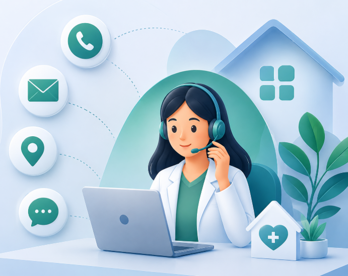 A female customer service representative wearing a headset, working on a laptop in a virtual healthcare or telemedicine setting, with icons for phone, email, location, and chat surrounding her.