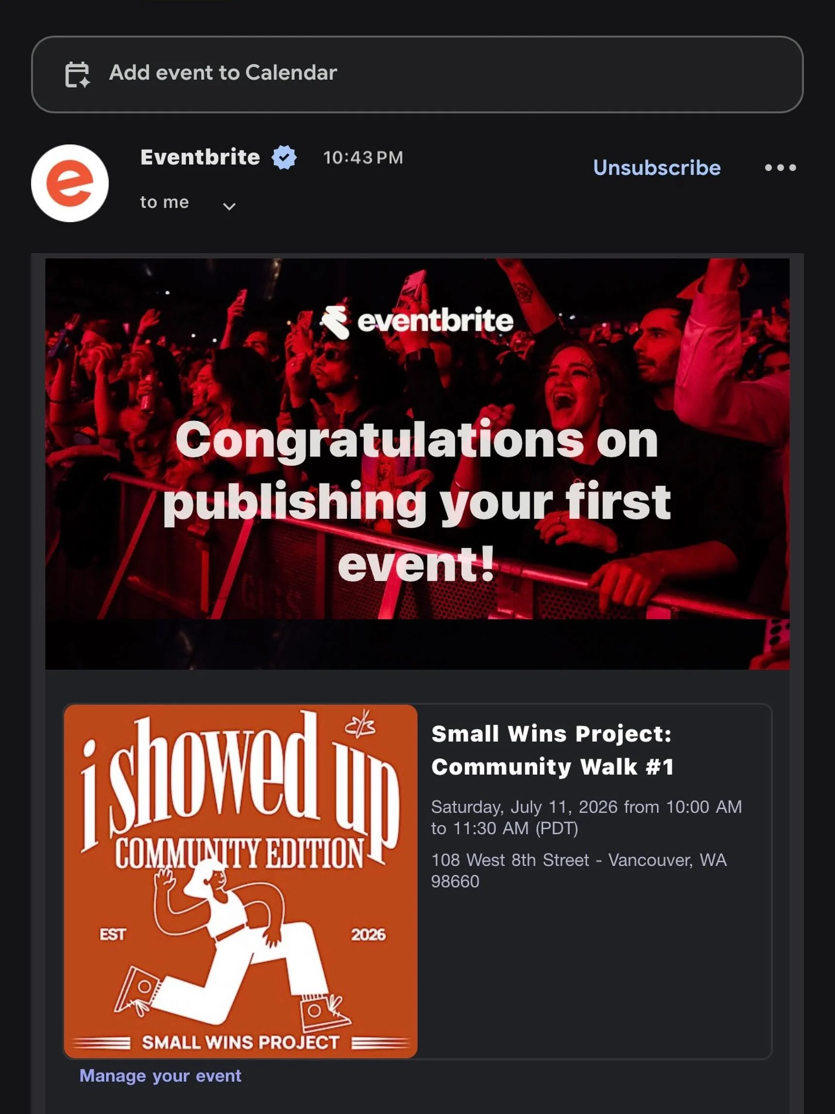🦋 It&rsquo;s official.

Community Walk #1 is live.

A few weeks ago, The Small Wins Project was just an idea.

Today, our first event is on the calendar, the business is registered, the first commemorative tee is complete, and the website is almost 
