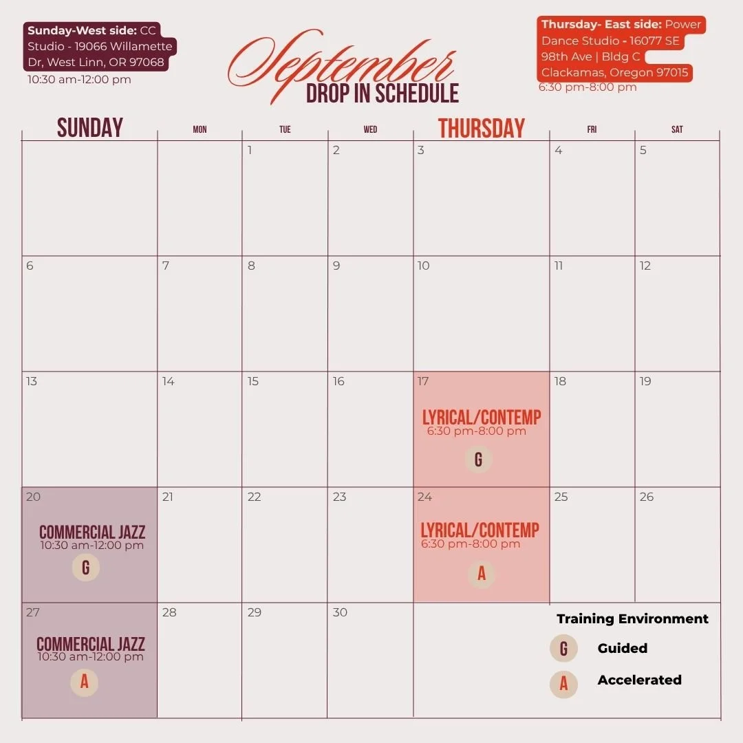 September drop-in schedule calendar with events including a studio located on the west side and dance on the east side, along with musical performances on select dates, marked with guided or accelerated training environment icons.