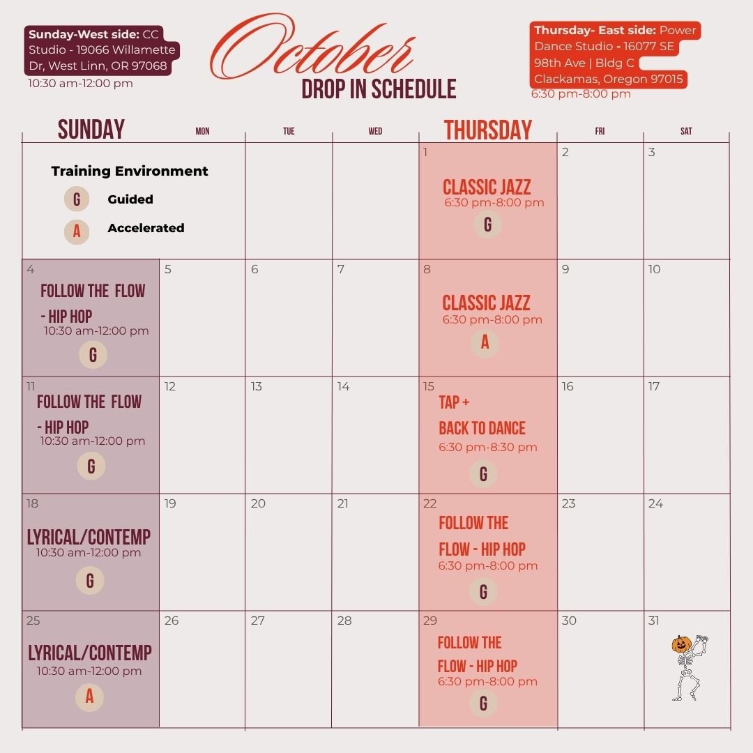 October dance class schedule with drop-in times on color-coded calendar. Locations include studio addresses in Willamette, Oregon, and Clackamas, Oregon. Classes include Classic Jazz, Tap + Back to Dance, Follow the Flow Hip Hop, and Lyrical/Contemporary, scheduled on Thursdays, Sundays, and Mondays, with specific times listed.