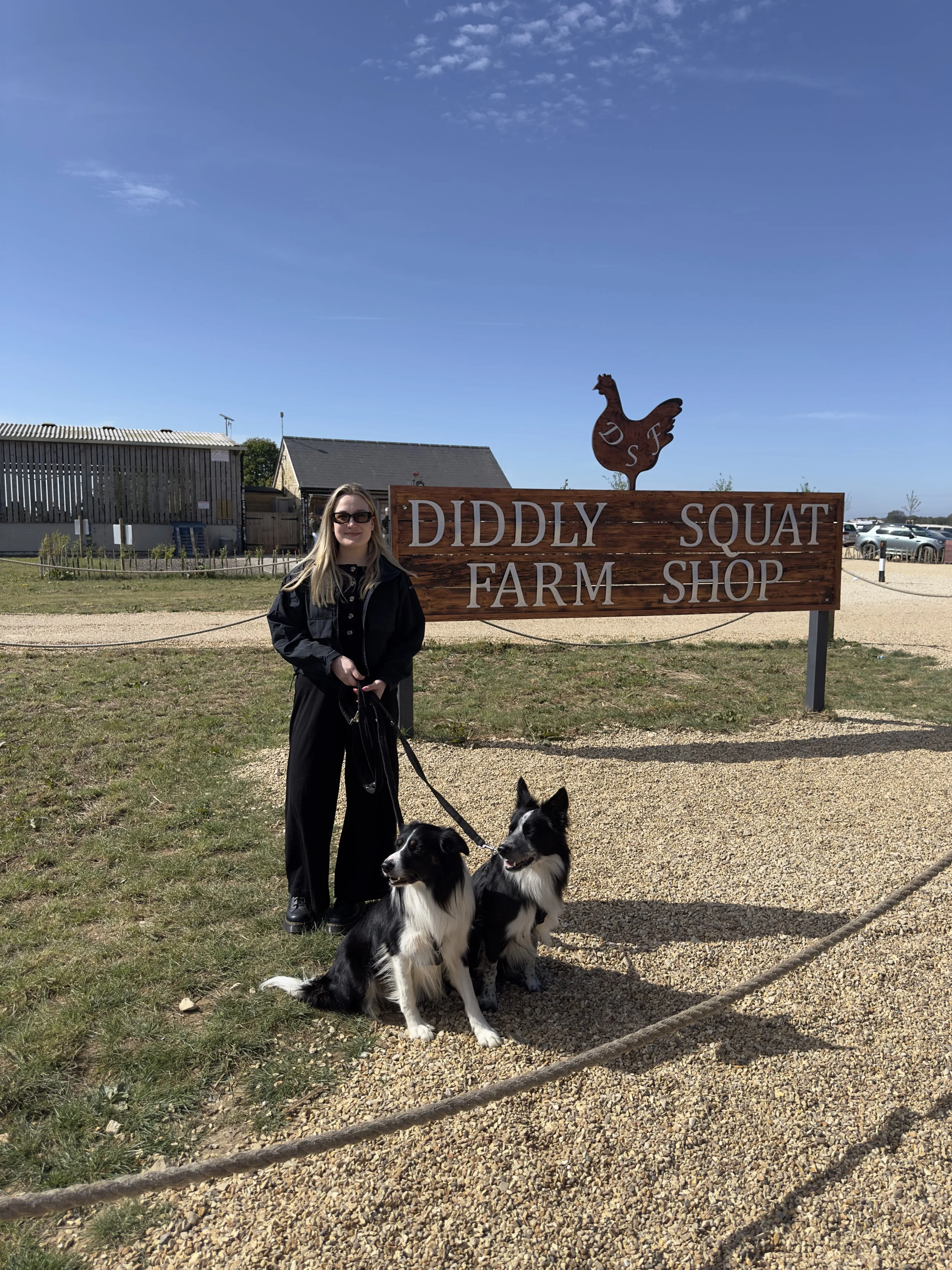 A woman wearing sunglasses and black clothes standing in front of a sign that reads "Diddly Squat Farm Shop" with two black and white border collie dogs on leashes. The setting is outdoors with a gravel path, green grass, and a partly cloudy blue sky.