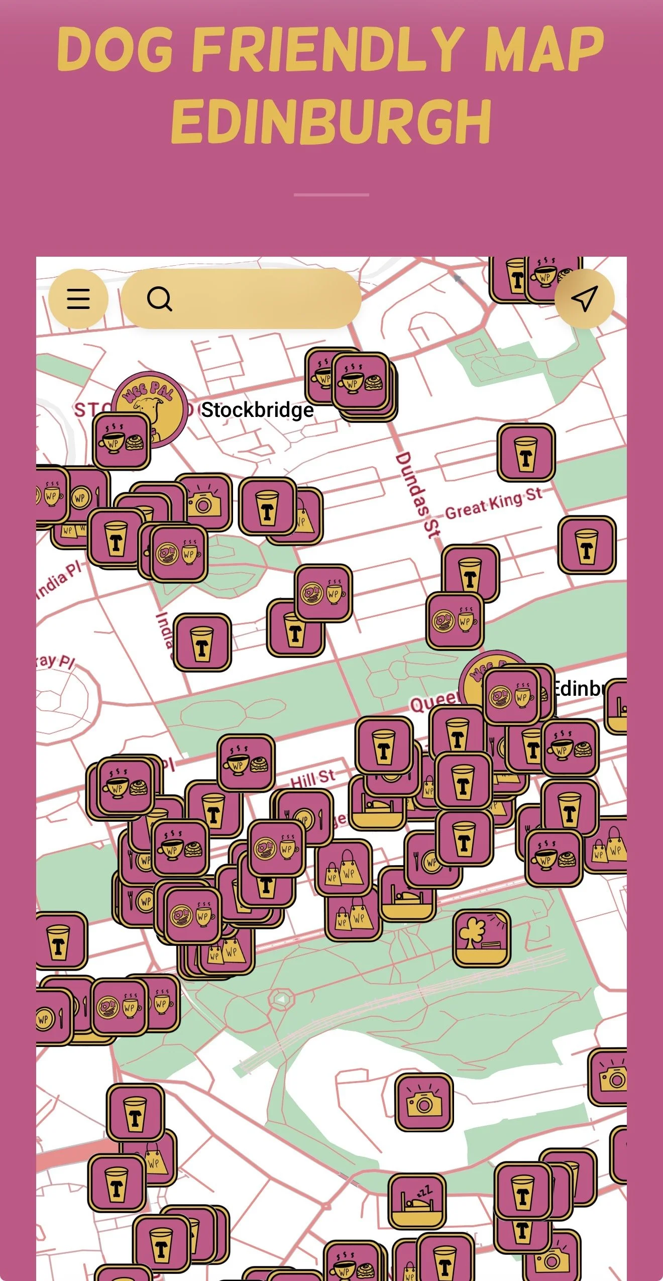 Map of Edinburgh showing various icons indicating dog-friendly locations and amenities across the city.
