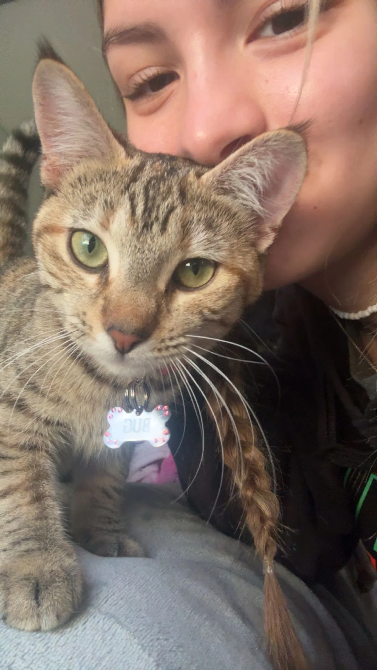 Close-up of a woman embracing a tabby cat with a name tag, both are in a cozy indoor setting.
