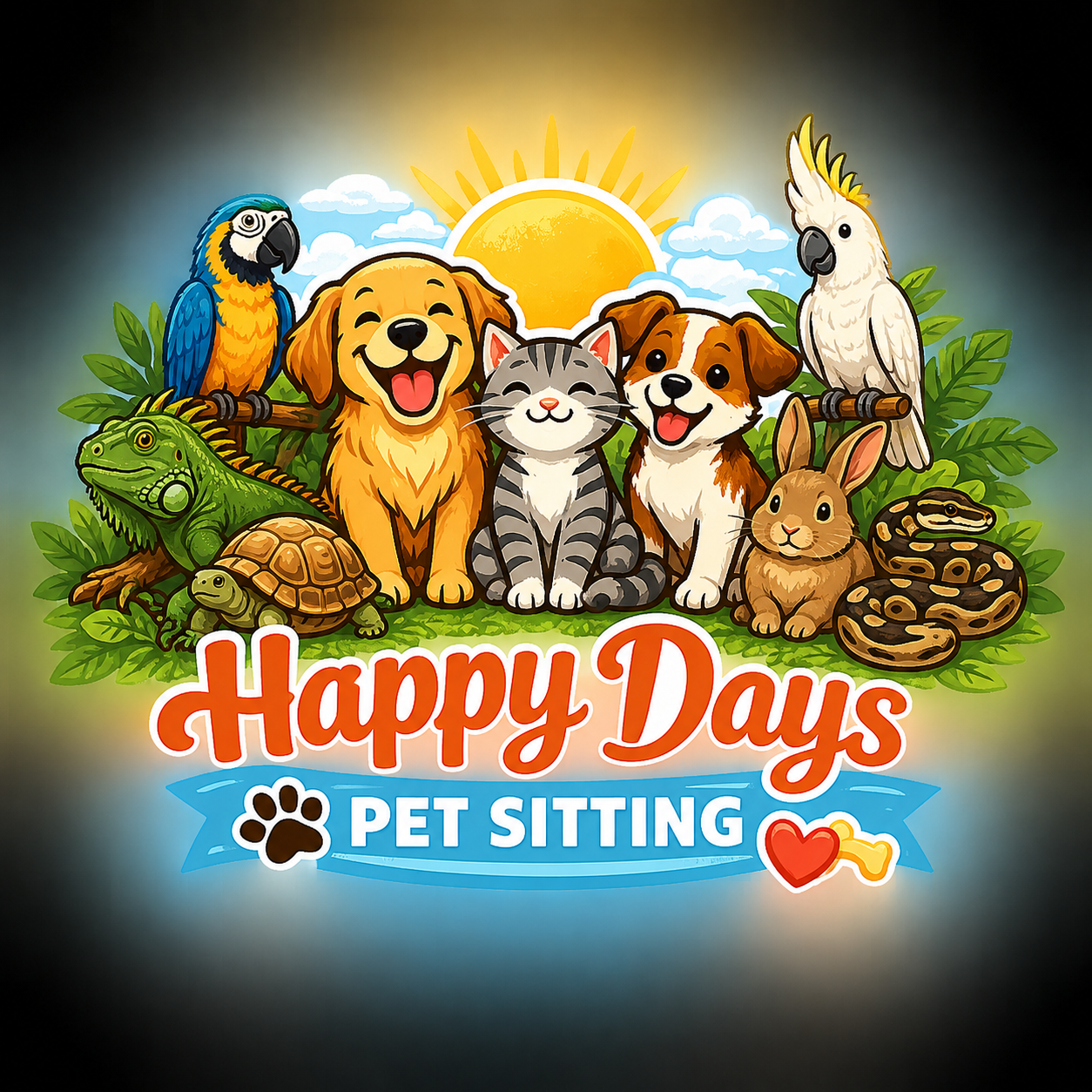 Colorful illustration of various pets including a parrot, dog, cat, rabbit, turtle, snake, and cockatoo in a lush green setting with a bright sun and clouds in the background. Text reads 'Happy Days Pet Sitting' with a paw print and a heart with a paw print inside.