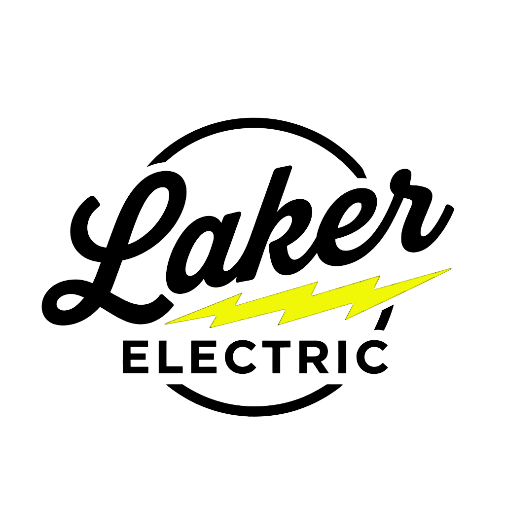 Logo for Laker Electric featuring the word 'Laker' in cursive, a yellow lightning bolt below, and the word 'Electric' in capital letters, all on a black background.