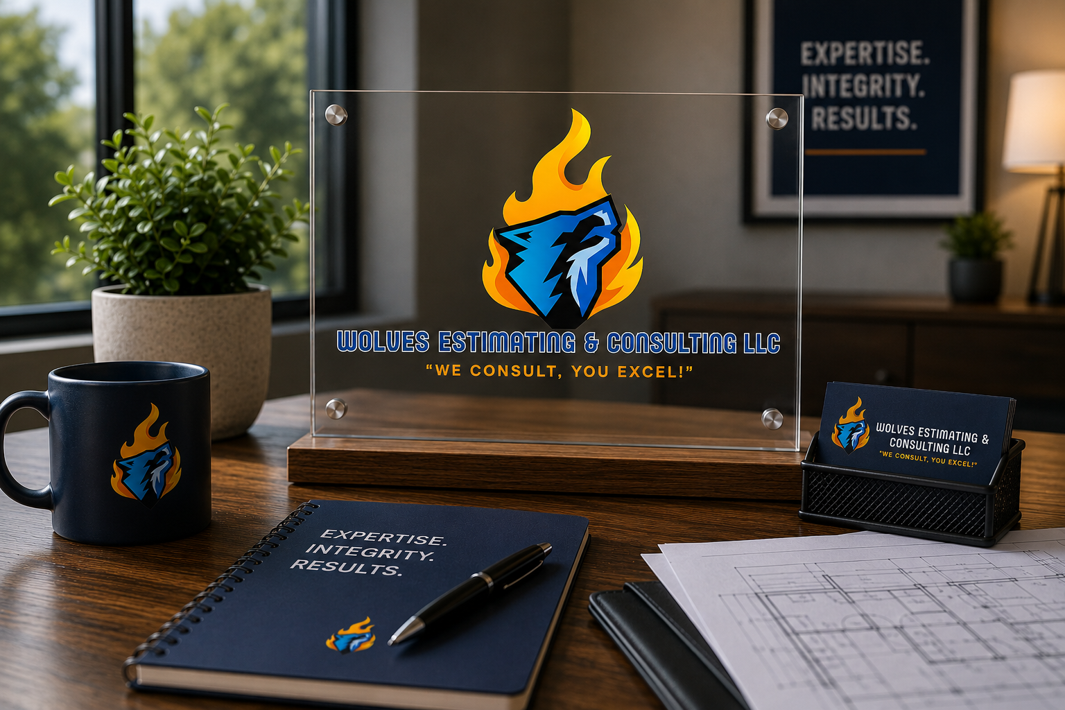 Office desk with a potted plant, a blue mug with logo, a notebook, papers, a pen, and a business card holder, featuring branding for Wolves Estimating & Consulting LLC with slogan 'We Consult, You Excel!'.