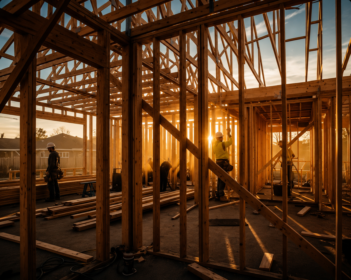 Construction workers building a wooden house frame at sunset.