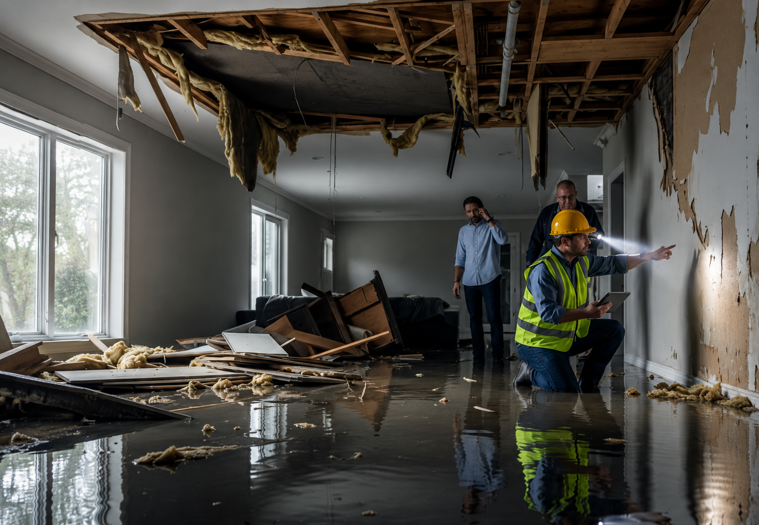 Flooded living room with damaged ceiling and furniture, three men inspecting damage, one wearing a yellow safety helmet and vest pointing, others talking and taking notes.