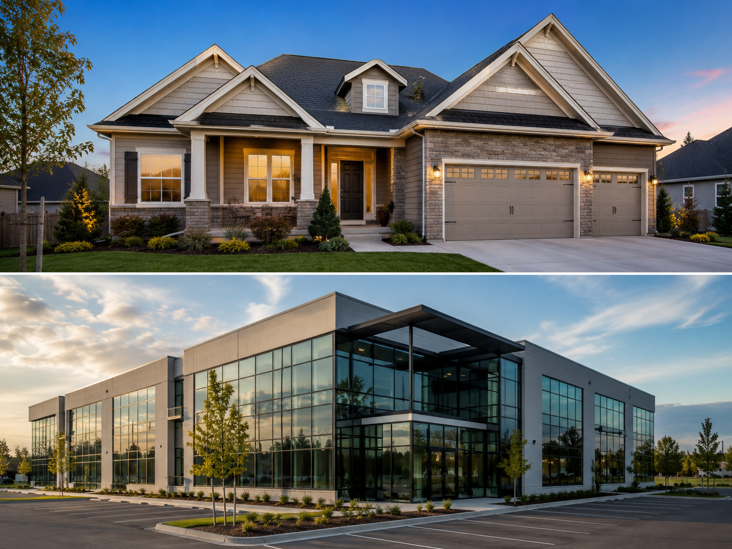 A split image showing two buildings: the top is a traditional suburban house with a gabled roof and a front porch, and the bottom is a modern glass office building with a parking lot in front.