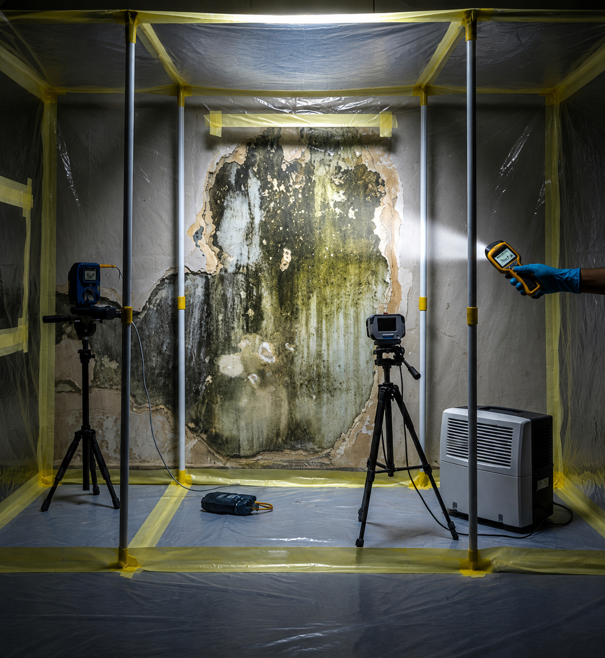 Photograph of a mold infestation on a wall being documented with moisture meters, cameras, and other equipment inside a containment tent with yellow tape. The wall has large patches of black, green, and beige mold.