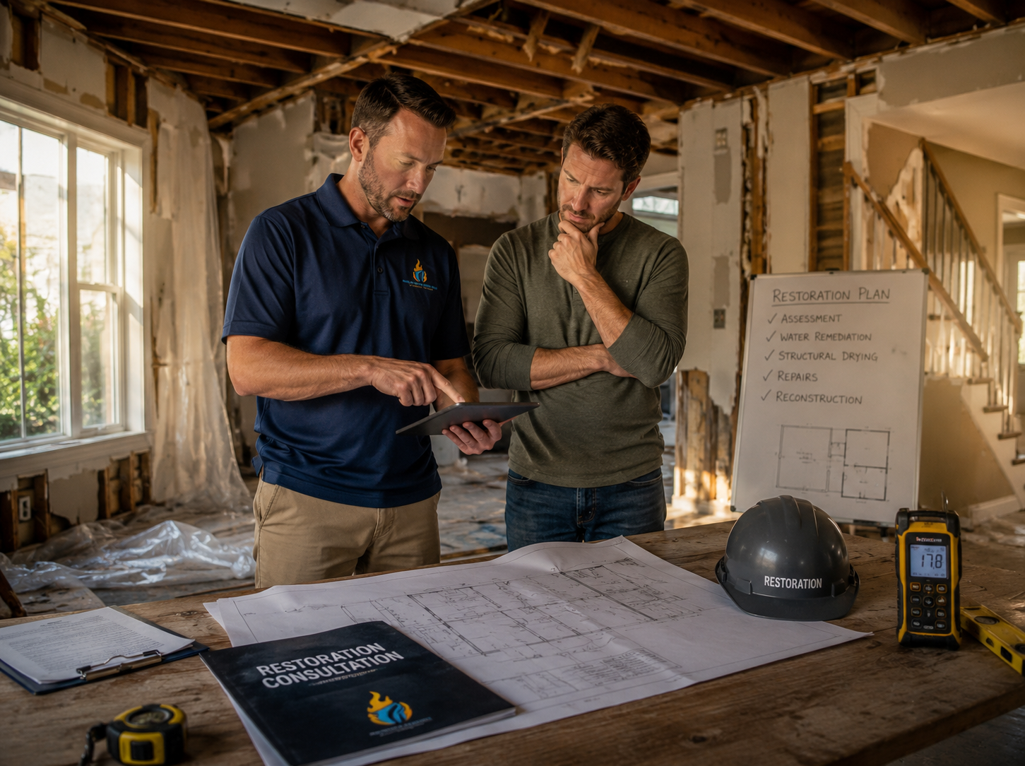 Two men discussing construction plans inside a house under renovation, with blueprints, a hard hat, a digital thermometer, and a restoration consultation booklet on a wooden table, and a whiteboard with a restoration plan in the background.