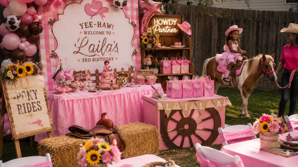A birthday party setup with a pink cowgirl theme, featuring a girl riding a pony, pink decorations, a dessert table, and a sign that says 'Yee-Haw! Welcome to Laila's 3rd Birthday'.