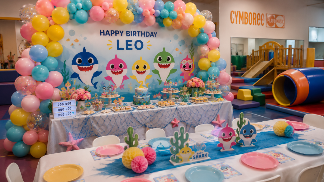 Colorful children's birthday party with a sea creature theme featuring a backdrop that says 'Happy Birthday Leo' with cartoon shark characters, surrounded by balloons in pastel shades and decorated tables with pink, yellow, and blue plates, and ocean-themed decorations.