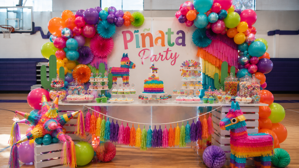 Colorful piñata party decoration setup with balloons, papel picado, and a candy-themed cake in a gymnasium.