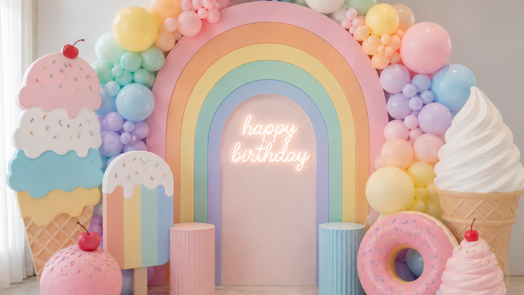 Colorful birthday backdrop with pastel balloons, ice cream decor, and a rainbow with a neon sign that says 'happy birthday'.