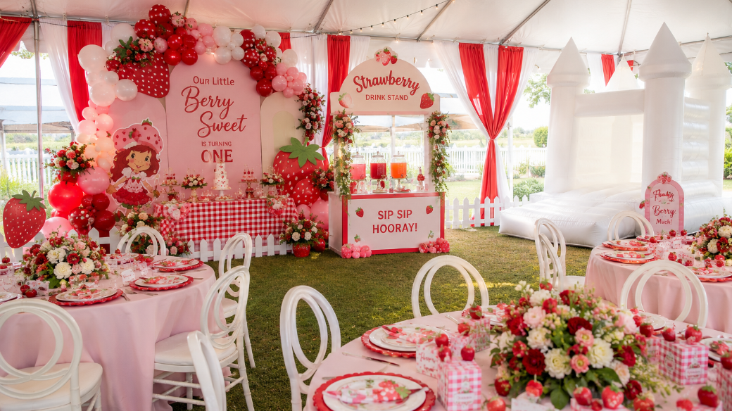 Decorated birthday party tent with a strawberry theme for a child's first birthday. Features pink and red balloons, strawberry cutouts, flower arrangements, and a large white inflatable castle. A sign says 'Our Little Berry Sweet is Turning One' with a strawberry drink stand nearby.