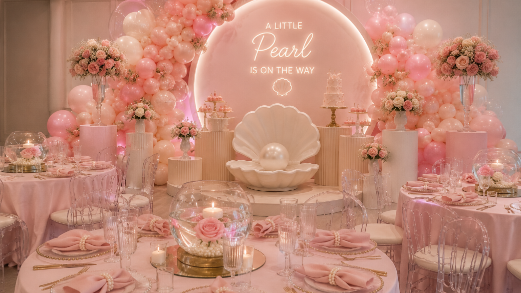 Elegant pink and white birthday or celebration setup with balloon decorations, floral arrangements, and a seashell-themed backdrop with a pearl. The tables are set with pink napkins, gold utensils, and glassware, creating a soft, feminine ambiance.