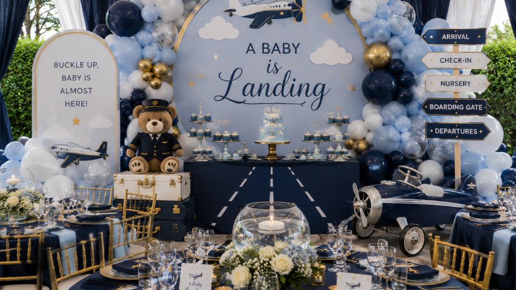 Baby shower with an aviation theme, decorated with blue, white, and gold balloons, and airplane motifs. There is a large sign reading "A Baby is Landing," a teddy bear in pilot attire, cupcakes, and a table setting with navy and gold accents.