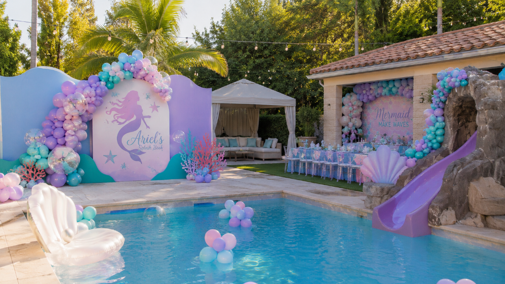 Decorations for a children's mermaid-themed party by a swimming pool with pastel balloons, a slide, and a sign that says "Mermaid Make Waves."