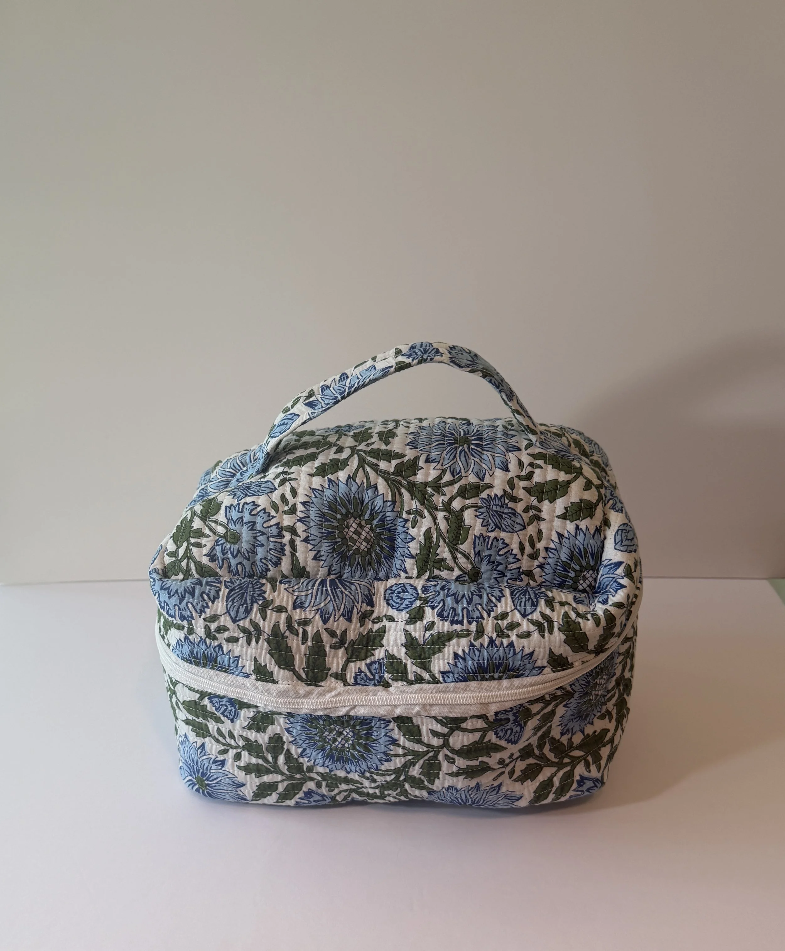 Large Cosmetic Case Floral Blue Green Print