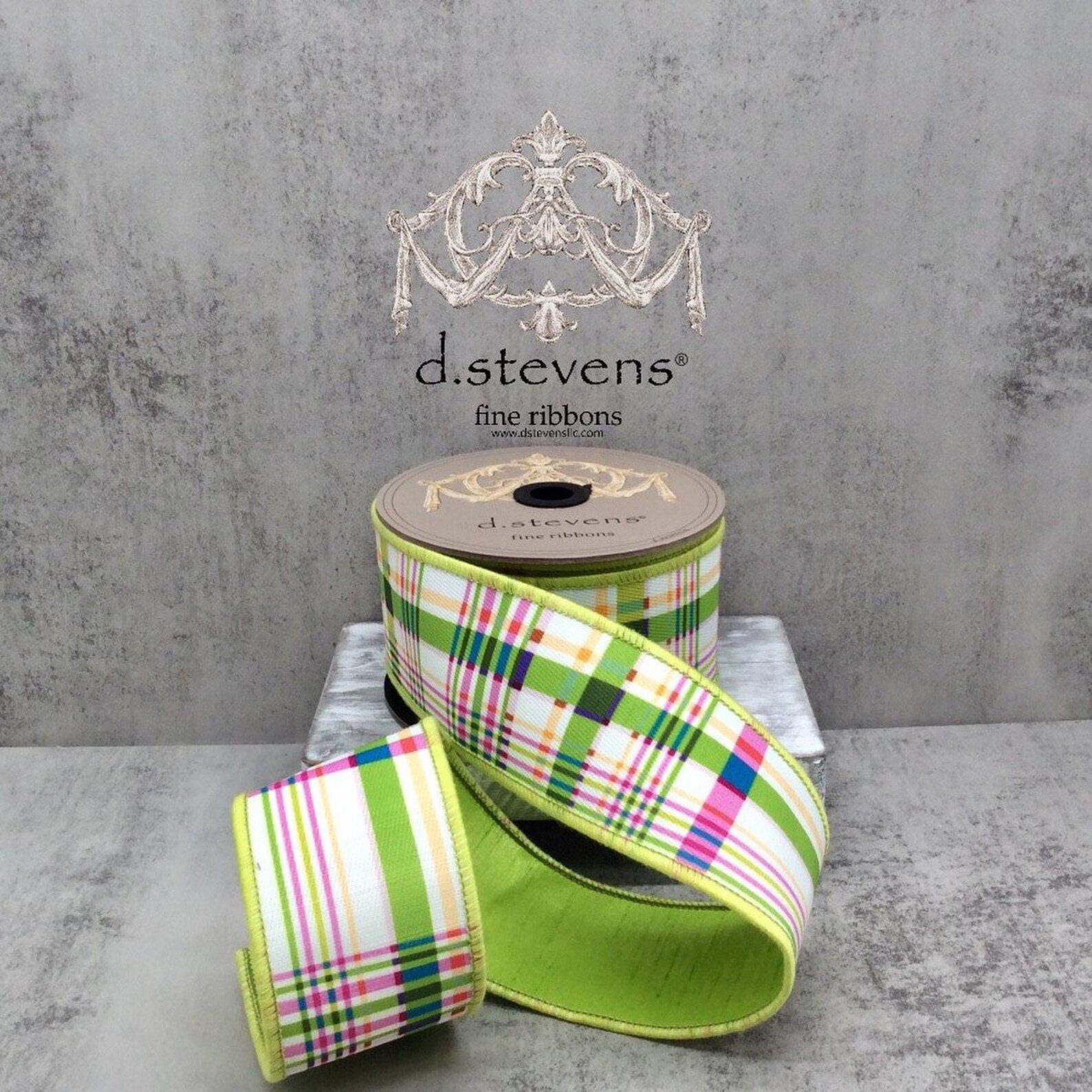 green, white, and pink plaid fine ribbon